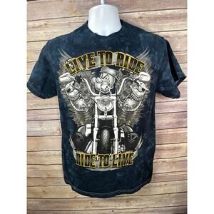 Popeye, live to ride, ride to live. Blue tie dye shirt size small.